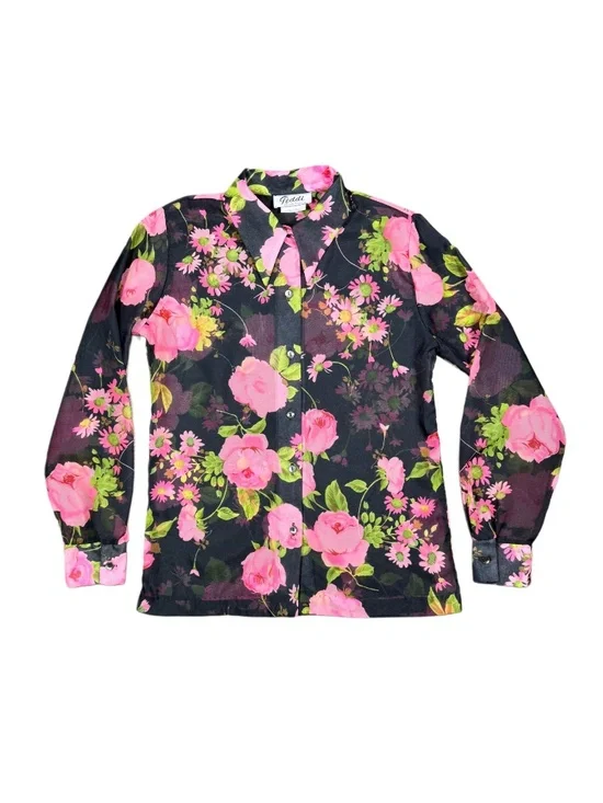 Feminine Floral Peony Print Black 70s Collared Long Sleeve Blouse - Picture 2 of 4